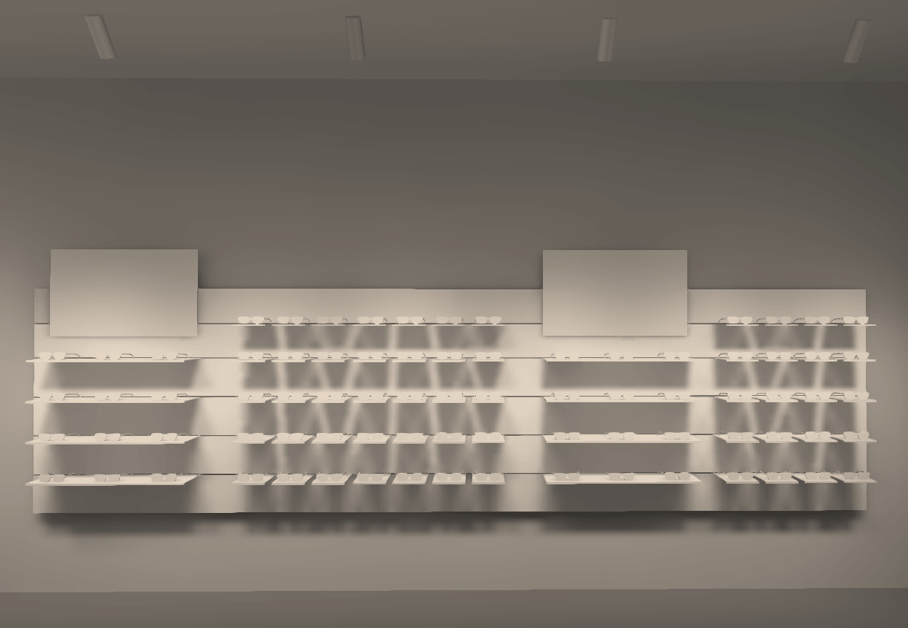 Render DIALux de las estanterías con sombras en zig-zag proyectadas bajo cada balda