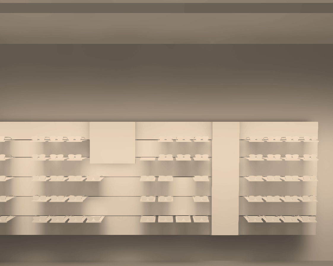 Render DIALux de las estanterías con baño de luz uniforme y sin sombras